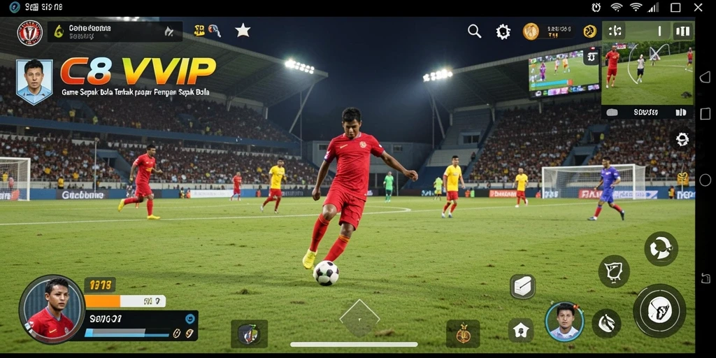 Screenshot gameplay C8VIP menampilkan aksi seru di lapangan sepak bola.