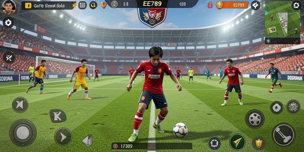 Tangkapan layar gameplay EE789 yang menampilkan aksi sepak bola seru.