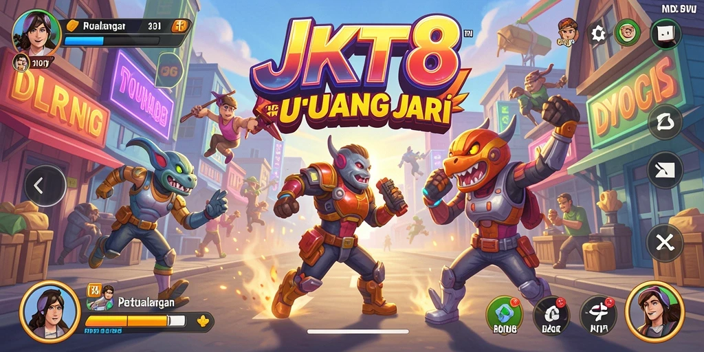Tampilan gameplay seru JKT8 dengan karakter dan level penuh warna.
