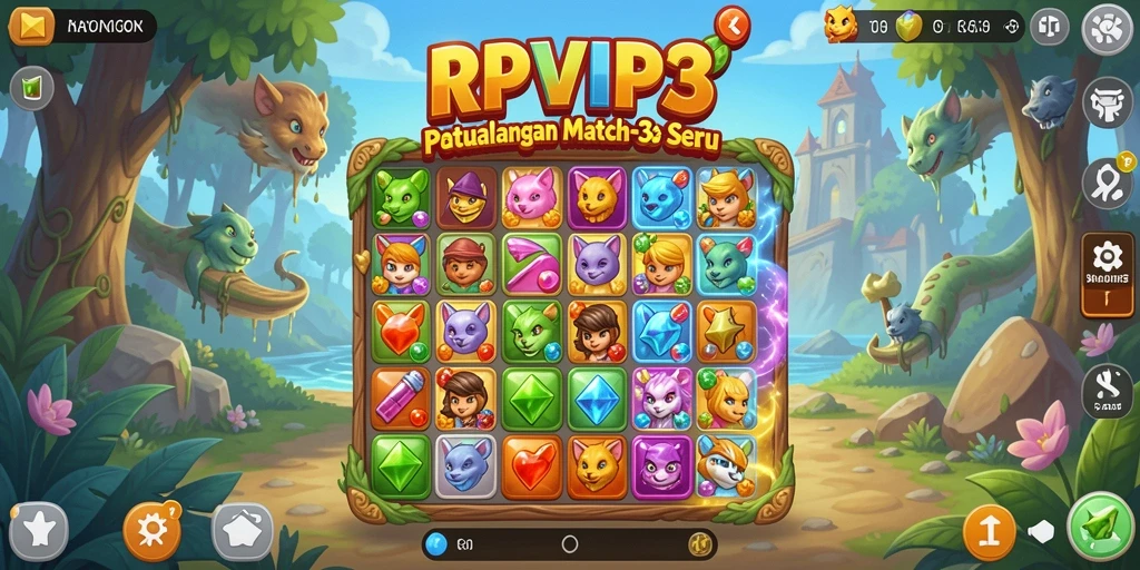 Screenshot RPVIP3 menampilkan gameplay seru mencocokkan permata.