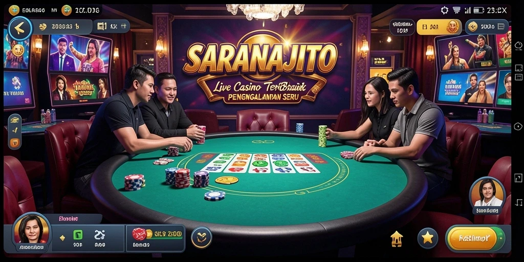 Screenshot gameplay SARANAJITU menampilkan dealer langsung dan suasana permainan yang meriah.